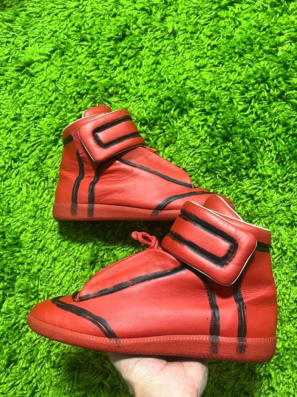 Maison Margiela Future High-Top Sneakers in Red with Black Painted Outline